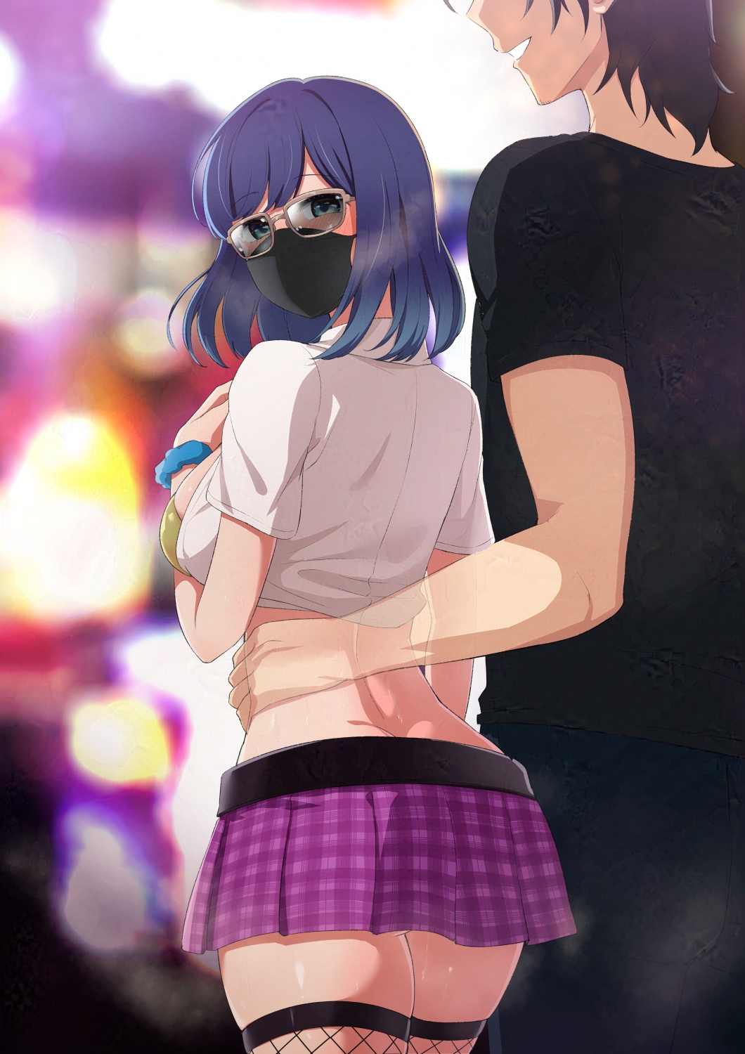 1boy 1girl amesuku_gyaru ardnades ass black_mask black_shirt blue_eyes blue_hair blurry blurry_background breasts crop_top fishnet_thighhighs fishnets from_behind gyaru hand_around_waist height_difference hetero highres kogal kurokawa_akane large_breasts looking_back mask medium_hair midriff miniskirt mouth_mask netorare oshi_no_ko plaid_clothes plaid_skirt purple_skirt scrunchie shirt skirt sunglasses thighhighs white_shirt wrist_scrunchie
