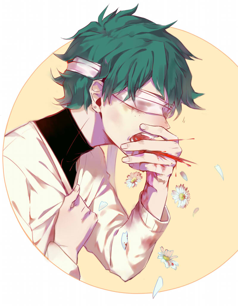 1boy alternate_costume bandages bandages_over_eyes beige_sweater black_shirt blood blood_from_mouth boku_no_hero_academia commentary_request coughing_flowers daisy flower from_side green_hair li_he long_sleeves male_focus midoriya_izuku shirt short_hair simple_background solo turtleneck upper_body vomiting_blood white_flower