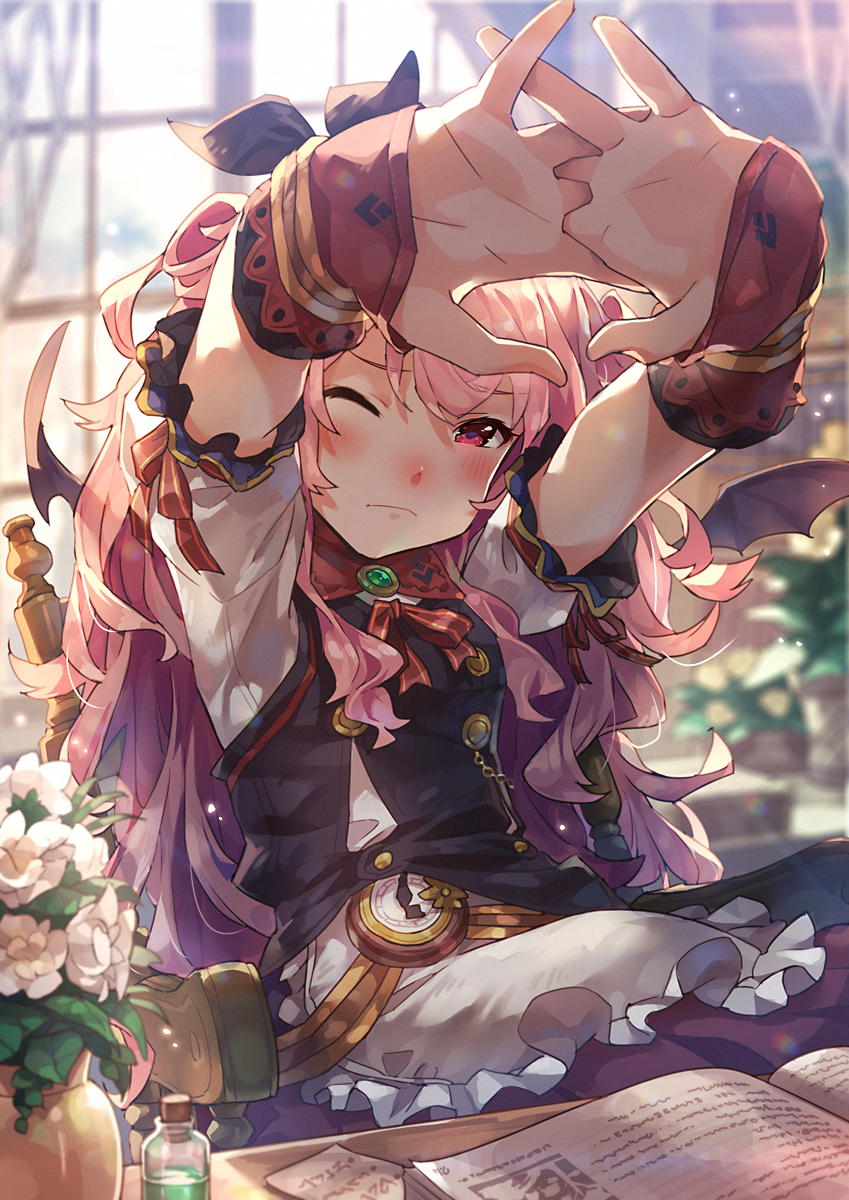 119 ;( apron arms_up black_ribbon black_vest blurry blurry_background blush book chair closed_mouth day depth_of_field flower flower_pot foreshortening frilled_apron frilled_sleeves frills gem hair_ribbon highres indoors long_hair narumi_arata neck_ribbon on_chair open_book original outstretched_arms own_hands_together palms pink_hair plant potted_plant recri_(narumi_arata) red_eyes red_ribbon ribbon shirt short_sleeves sitting solo stretching sunlight table vase very_long_hair vest waist_apron white_apron white_flower white_shirt window wrist_guards