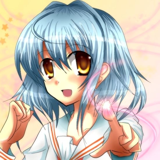 1girl blue_hair blush brown_eyes clenched_hand female_focus morishita_koyomi nishijou_myu open_mouth pointing pointing_at_viewer pointing_finger portrait sailor_collar school_uniform short_hair smile solo star_(symbol) yoku_wakaru_gendai_mahou