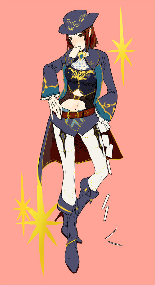 1girl ascot belt blue_footwear brown_hair clothing_cutout copyright_request food_in_mouth full_body gloves long_sleeves mitosa mouth_hold navel pants pink_background pointy_ears red_belt short_hair solo sparkle white_ascot white_gloves white_pants