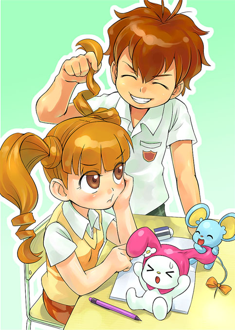 00s 1boy 1girl annoyed brown_eyes brown_hair child closed_eyes desk drill_hair eraser grin kogure_kakeru minawa mouse_(animal) mr._flat my_melody onegai_my_melody pencil playing_with_another&#039;s_hair sanrio school_uniform serafuku smile sweater_vest twin_drills twintails yumeno_uta