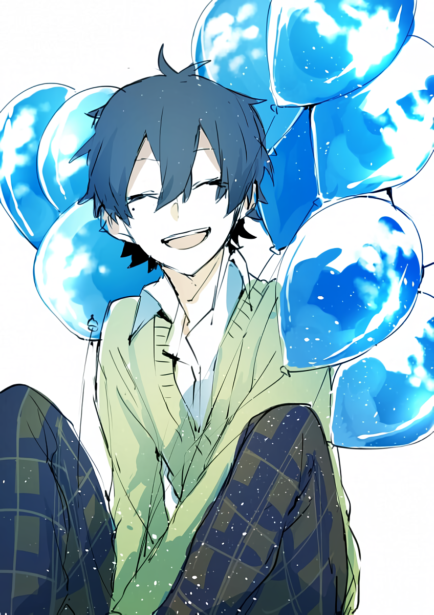 1boy :d ^_^ bad_id bad_pixiv_id balloon blue_hair blue_pants brown_pants closed_eyes collared_shirt commentary dark_blue_hair double-parted_bangs facing_viewer feet_out_of_frame green_sweater hair_between_eyes happy hasuhasuhasu0127 highres kagerou_project kokonose_haruka long_sleeves male_focus mole mole_under_eye multicolored_pants open_collar open_mouth pale_skin pants plaid_clothes plaid_pants school_uniform shirt short_hair simple_background sitting sketch smile solo sweater teeth upper_teeth_only v_arms white_background white_shirt