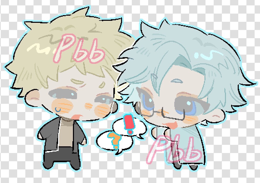 ! 2boys :3 ? air40175 atou_haruki black-framed_eyewear black_eyes black_pants blonde_hair blue_eyes blue_outline blush_stickers brown_shirt checkered_background chibi chibi_only coat fake_transparency glasses grey_coat grey_hair grey_jacket jacket jaggy_lines kanou_aogu long_sleeves male_focus multiple_boys open_clothes open_jacket open_mouth outline pants rectangular_eyewear saibou_shinkyoku semi-rimless_eyewear shirt short_hair smile speech_bubble spoken_exclamation_mark spoken_question_mark sweat watermark