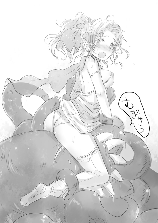 1girl ass blush breasts cape commentary_request covered_erect_nipples dress female_focus final_fantasy final_fantasy_vi greyscale kara_(color) monochrome panties ponytail sideboob solo sweat thighhighs tina_branford ultros underwear