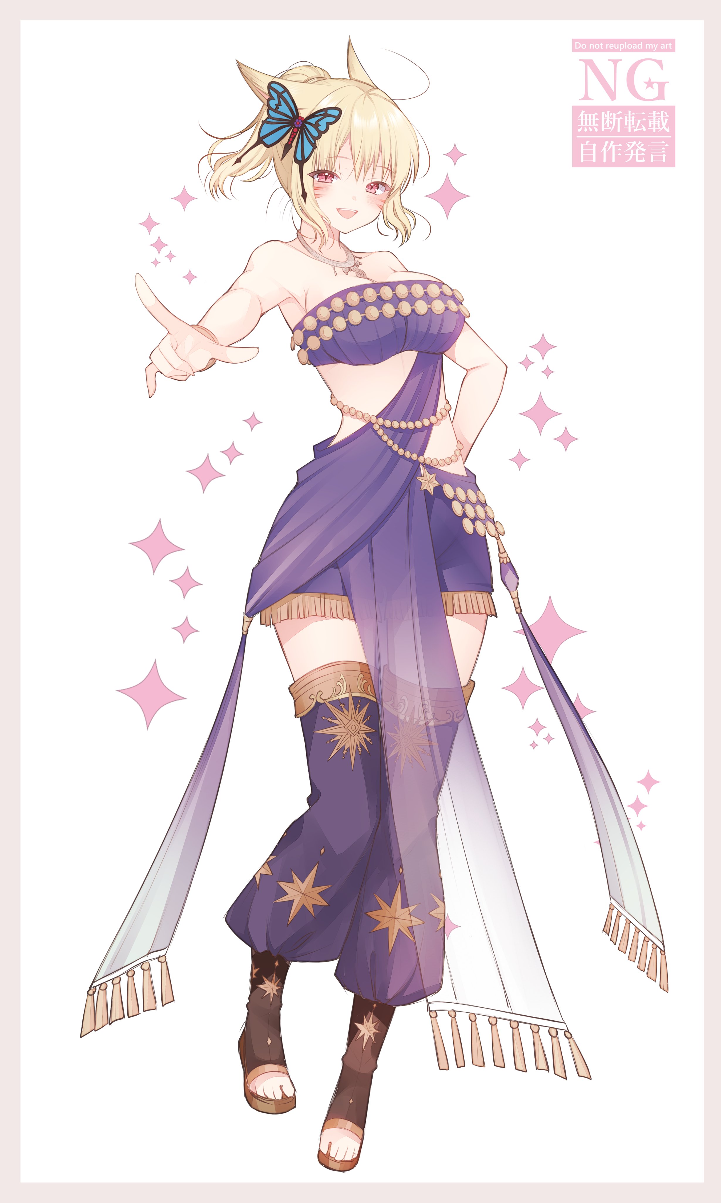 1girl absurdres animal_ears ayamisiro bandeau bare_arms bare_shoulders blonde_hair butterfly_hair_ornament cat_ears cat_girl dancer_(final_fantasy) facial_mark final_fantasy final_fantasy_xiv hair_ornament highres jewelry looking_at_viewer miqo'te necklace open-toe_shoes ponytail purple_bandeau purple_shorts red_eyes shorts solo thighhighs warrior_of_light_(ff14) whisker_markings