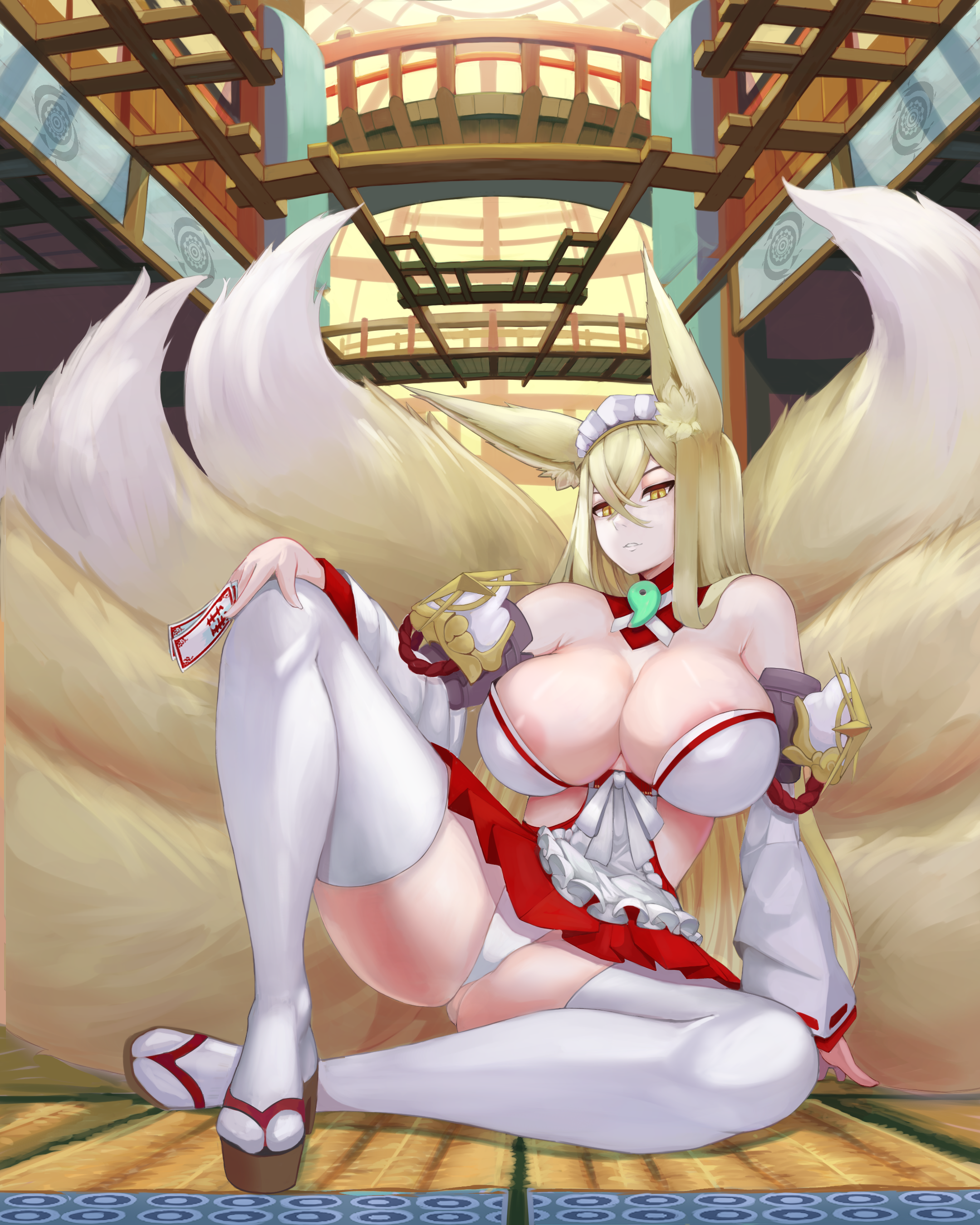 1girl absurdres animal_ear_fluff animal_ears areola_slip blonde_hair breasts detached_sleeves etahoin fox_ears fox_girl fox_tail full_body hair_between_eyes highres hirume_of_heavenly_incense huge_breasts kitsune kyuubi last_origin long_hair maid_headdress multiple_tails nontraditional_miko ofuda orange_eyes panties parted_lips pleated_skirt skindentation skirt slit_pupils solo tail thighhighs thighs underwear very_long_hair