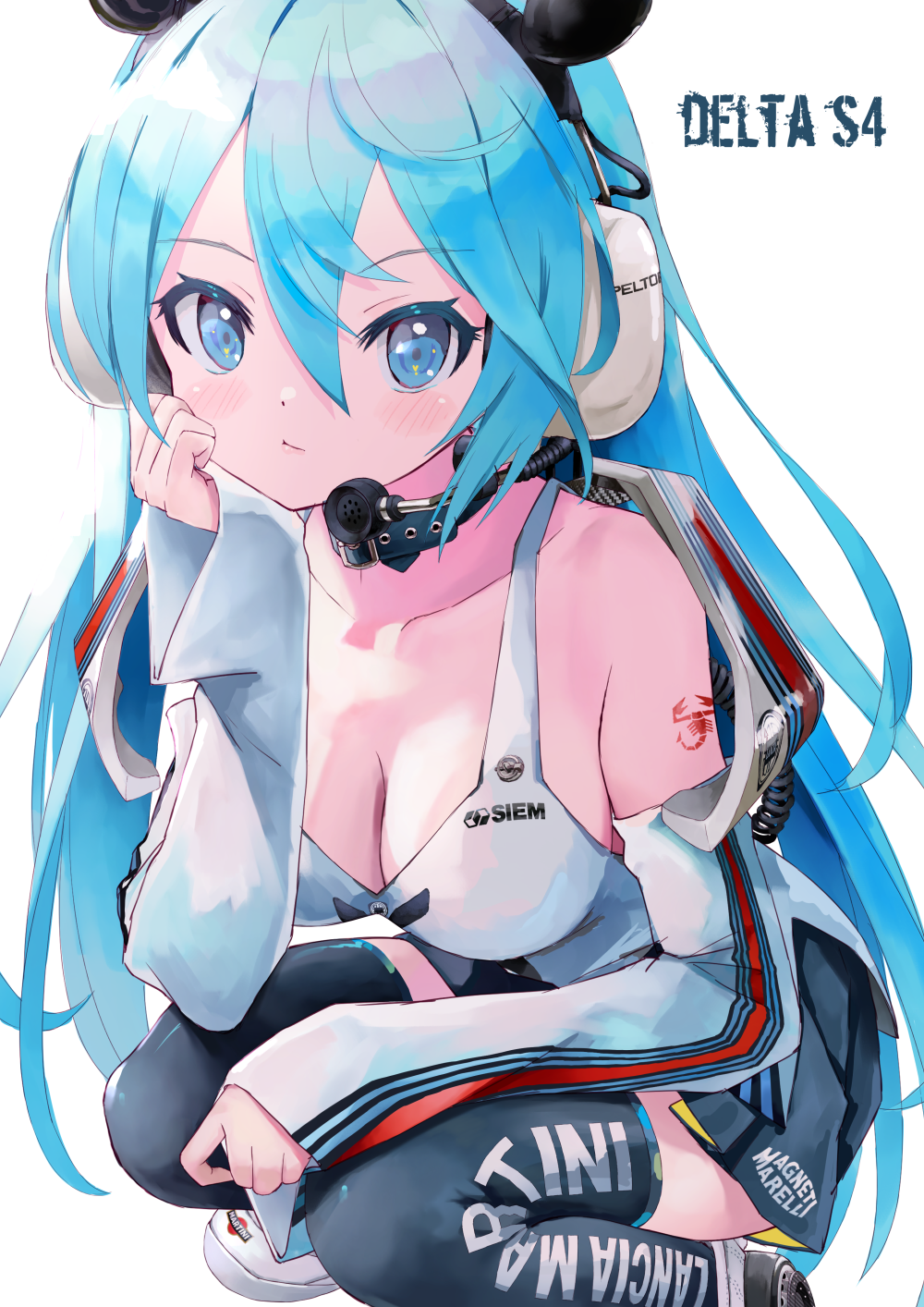 1girl arm_tattoo black_skirt black_thighhighs blue_eyes blue_hair breasts cleavage closed_mouth collarbone detached_sleeves hair_between_eyes head_rest headphones highres lancia_(brand) long_hair long_sleeves looking_at_viewer medium_breasts microphone miniskirt original personification shirt simple_background skirt sleeveless sleeveless_shirt sleeves_past_wrists solo squatting takepon1123 tattoo thighhighs very_long_hair white_background white_shirt white_sleeves zettai_ryouiki