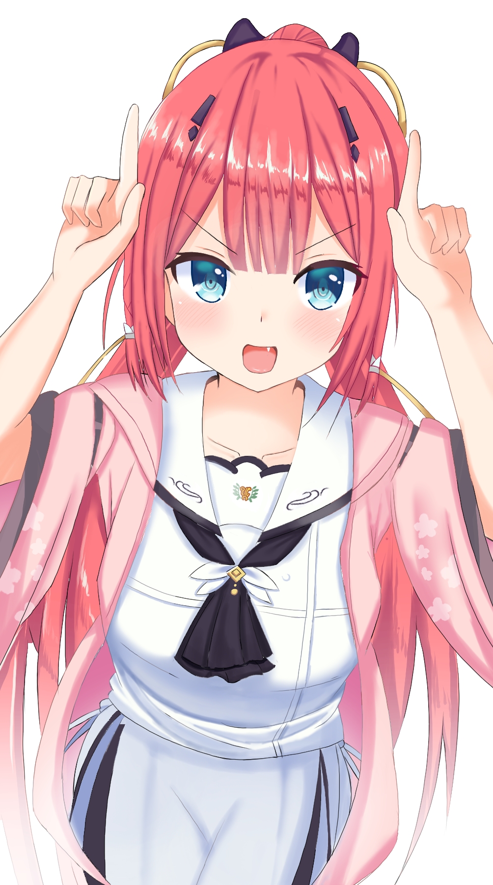 1girl :d ascot black_ascot blue_eyes blush braid cherry_blossom_print commentary_request cowboy_shot fang floral_print floral_print_kimono hair_ornament hairclip hands_up happy highres horns_pose japanese_clothes kamiyama_shiki kimono long_hair long_sleeves looking_at_viewer nutsu8935290986 open_clothes open_kimono open_mouth pink_kimono ponytail print_kimono red_hair sailor_collar school_uniform serafuku shirt sidelocks simple_background skirt smile solo summer_pockets summer_pockets_school_uniform twin_braids v-shaped_eyebrows very_long_hair white_background white_sailor_collar white_serafuku white_shirt white_skirt wide_sleeves