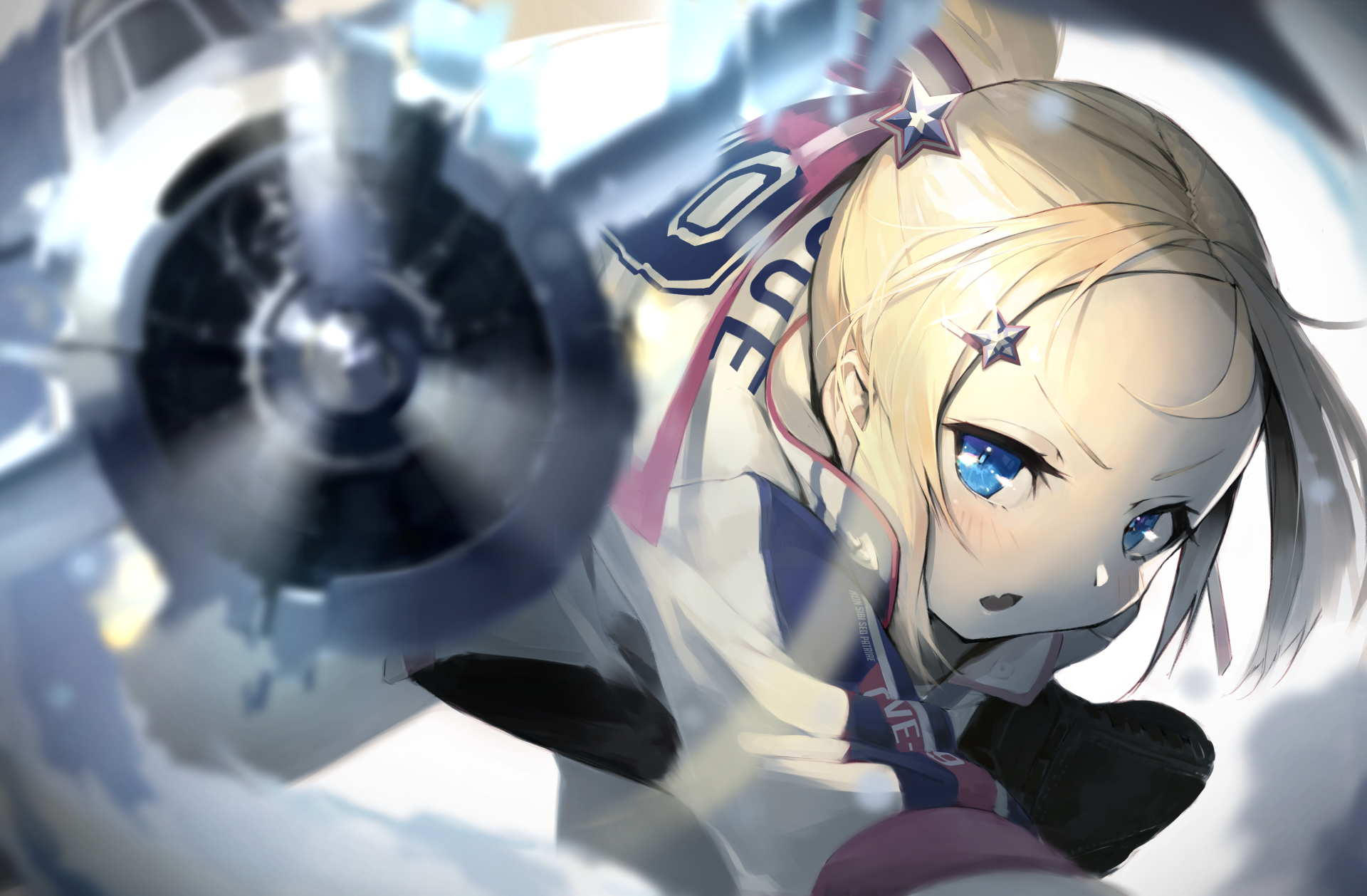 1girl aircraft airplane azur_lane baseball_cap baseball_uniform black_skirt blonde_hair blue_eyes bogue_(azur_lane) bogue_(retrofit)_(azur_lane) bomber clothes_writing commentary_request fang hair_ornament hat highres long_hair looking_at_viewer open_mouth parted_bangs partial_commentary ponytail retrofit_(azur_lane) short_sleeves sidelocks skin_fang skirt solo sportswear standing standing_on_one_leg star_(symbol) star_hair_ornament tbf_avenger throwing torpedo_bomber unworn_hat unworn_headwear yohia