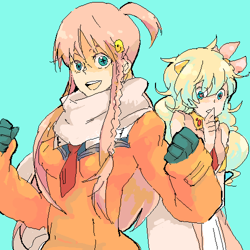 00s 2girls company_connection crossover fukui_yukari gainax lowres multiple_girls nia_teppelin nono_(top_wo_nerae_2!) tengen_toppa_gurren_lagann top_wo_nerae!_(series) top_wo_nerae_2! voice_actor_connection