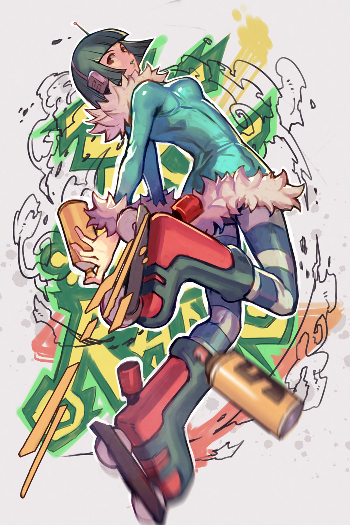 1girl bob_cut breasts character_request full_body fur_trim graffiti green_hair hungry_clicker jet_set_radio roller_skates skates small_breasts solo spray_paint striped_clothes striped_thighhighs thighhighs