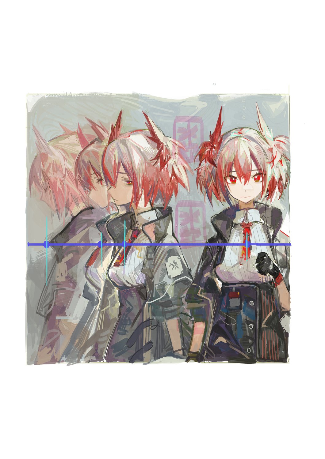 arknights black_gloves black_jacket black_skirt breasts closed_mouth collared_shirt commentary_request fiammetta_(arknights) gloves hair_between_eyes hand_up high-waist_skirt highres jacket looking_at_viewer medium_breasts necktie open_clothes open_jacket pipidan puffy_short_sleeves puffy_sleeves red_eyes red_hair red_necktie ribbed_shirt shirt short_necktie short_sleeves skirt twintails white_shirt