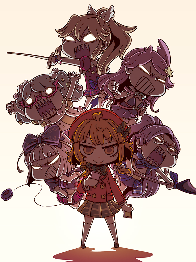 10s 6+girls akari_(fantasista_doll) fantasista_doll glasses jumping katia_(fantasista_doll) long_hair looking_at_viewer madeleine_(fantasista_doll) multiple_girls open_mouth riyo_(lyomsnpmp) sasara_(fantasista_doll) sharp_teeth shimeji_(fantasista_doll) skirt smile sword teeth uno_uzume weapon yo-yo