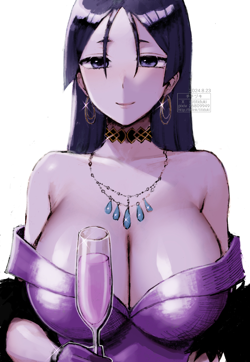 1girl breasts choker cleavage collarbone cup dress drinking_glass earrings fate/grand_order fate_(series) feather_boa gloves highres hoop_earrings jewelry large_breasts long_hair looking_at_viewer minamoto_no_raikou_(exhibition_attire)_(fate) minamoto_no_raikou_(fate) necklace off_shoulder parted_bangs purple_dress purple_eyes purple_gloves purple_hair smile solo titiduki_(manman-ya)