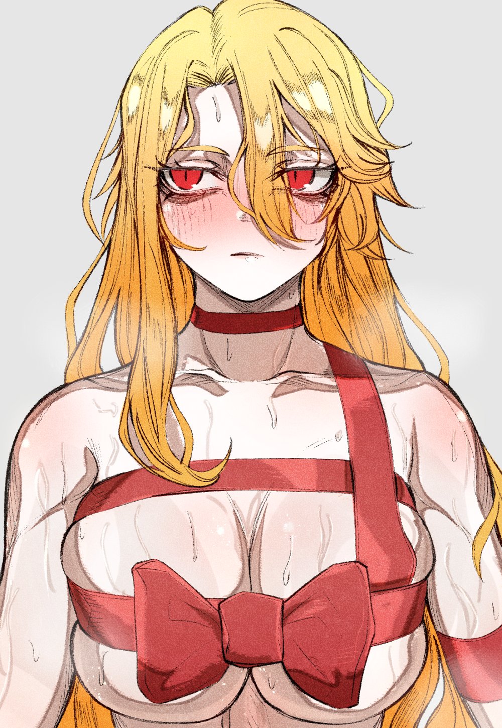 1girl averting_eyes blonde_hair blush bow bowtie breasts commentary don_quixote_(project_moon) english_commentary grey_background highres la_manchaland_(identity)_(project_moon) large_breasts limbus_company naked_ribbon nb8c project_moon red_bow red_eyes red_ribbon ribbon sancho_(project_moon) shy simple_background slit_pupils solo sweat upper_body very_sweaty
