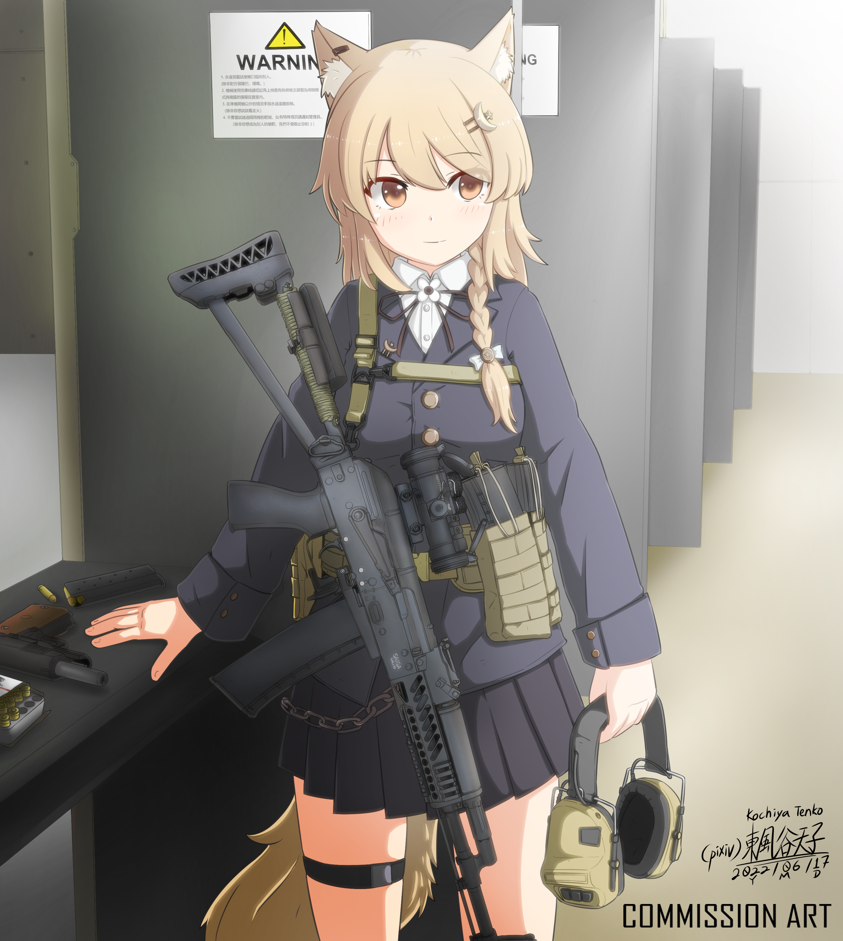 ! 1girl absurdres ak-74 aks-74 ammunition ammunition_pouch animal_ear_fluff animal_ears artist_name assault_rifle belt black_ribbon blazer blonde_hair blue_jacket blue_skirt bow braid breasts brown_eyes buckle buttoned_cuffs buttons carton chinese_text closed_mouth commentary commission cowboy_shot crescent crescent_hair_ornament ear_protection english_text flower fox_ears fox_girl fox_tail gun hair_between_eyes hair_bow hair_ornament hair_over_shoulder hand_on_table handgun highres indoors jacket kalashnikov_rifle japanese_text kochiya_tenko lapels large_breasts light_blush long_hair long_sleeves looking_to_the_side m1911 magazine_(weapon) neck_ribbon notched_lapels optical_sight original pixiv_commission pleated_skirt pouch ribbon rifle scope shirt shooting_range sign single_braid skirt snap-fit_buckle solo star_(symbol) star_hair_ornament table tail thigh_strap triangle utility_belt warning_sign weapon white_bow white_flower white_shirt
