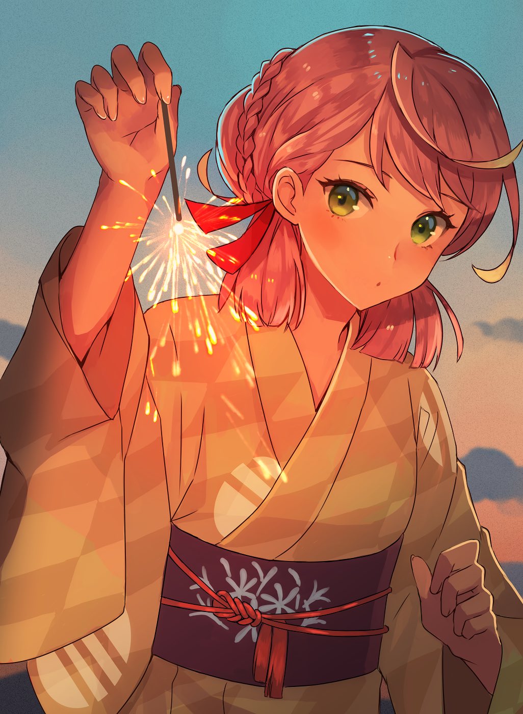 1girl akashi_(kancolle) akashi_(new_year)_(kancolle) akashi_(yukata)_(kancolle) blunt_tresses braid checkered_clothes checkered_kimono cloud day fireworks gradient_sky green_eyes green_kimono hair_ribbon highres japanese_clothes kantai_collection kashi_(yukata)_(kancolle) kasumi_(skchkko) kimono leaning_forward long_hair looking_at_viewer official_alternate_costume outdoors pink_hair ribbon sky solo sparkler sunset tress_ribbon upper_body yukata