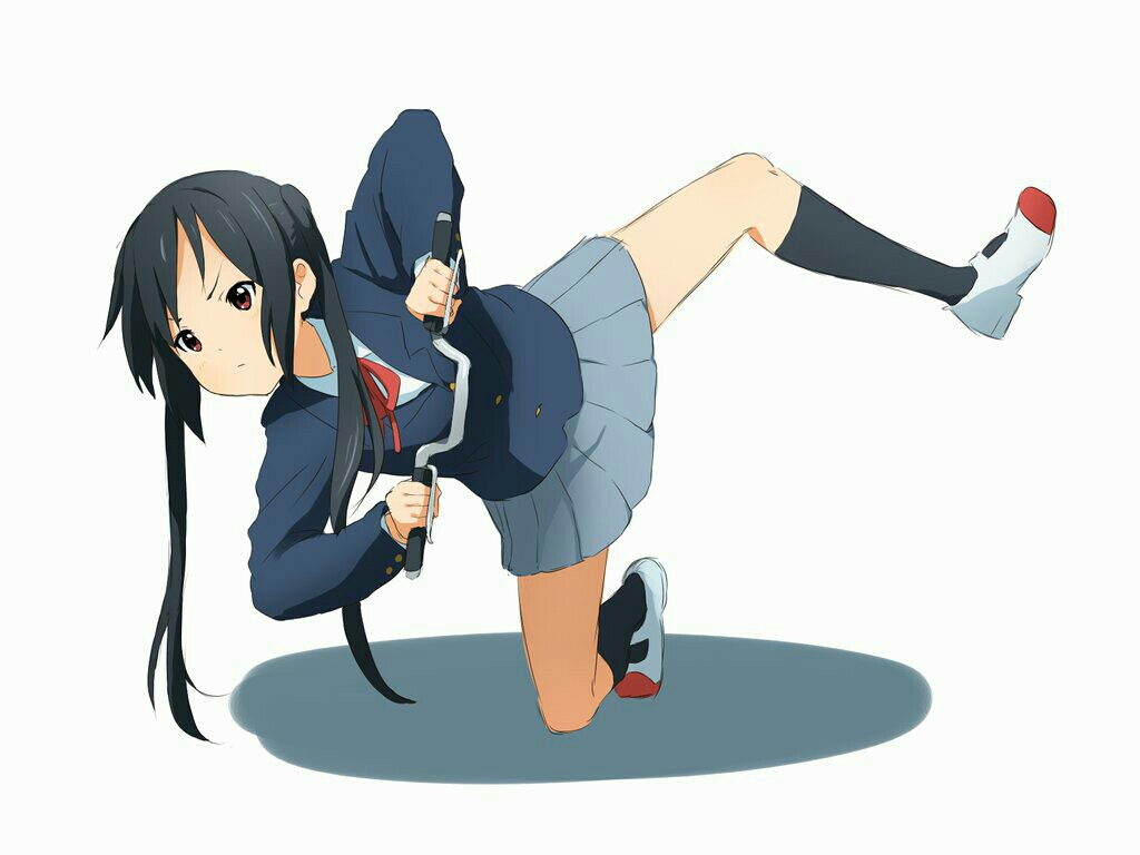1girl bakuon!! black_hair handlebar holding_handlebar k-on! kicchi_(tmgk) leaning_to_the_side leg_up long_hair nakano_azusa on_one_knee parody red_eyes sakuragaoka_high_school_uniform school_uniform serious twintails white_background