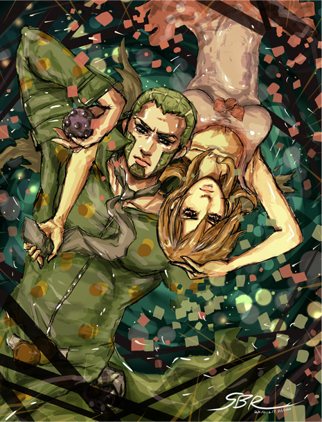 1boy 1girl 38legio beard blonde_hair dress facial_hair goatee green_facial_hair green_hair jojo_no_kimyou_na_bouken lucy_steel lying necktie on_back pink_dress steel_ball_(jojo) steel_ball_run upside-down wekapipo