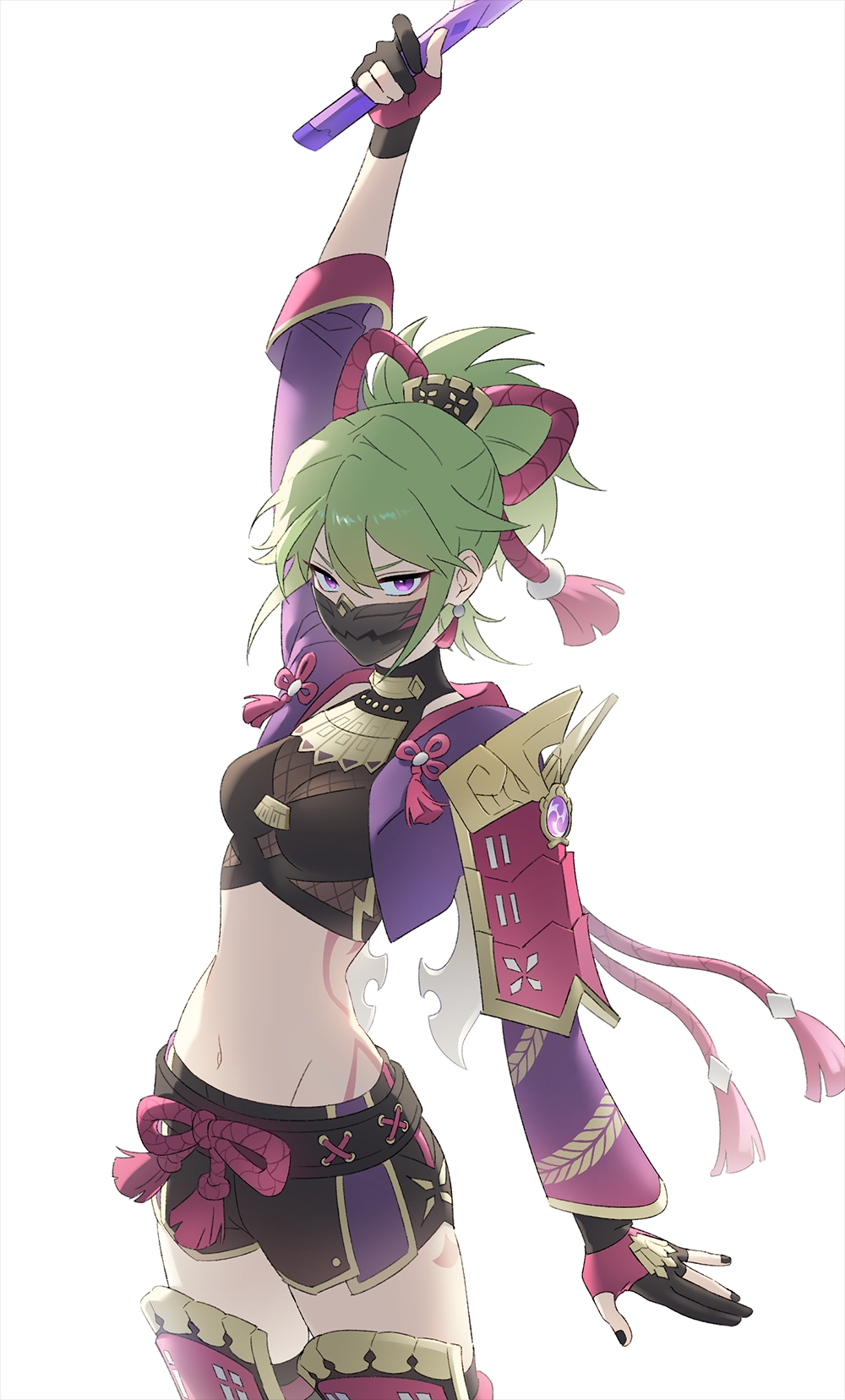 1girl angduuuu_(ghost) arm_up black_gloves black_shirt black_shorts breasts commentary cowboy_shot crop_top cropped_jacket dagger genshin_impact gloves green_hair highres holding holding_dagger holding_knife holding_weapon jacket knife kuki_shinobu long_sleeves looking_at_viewer mask midriff mouth_mask navel open_clothes open_jacket ponytail purple_eyes purple_jacket shirt short_hair short_shorts shorts simple_background small_breasts solo standing stomach stomach_tattoo tattoo weapon white_background