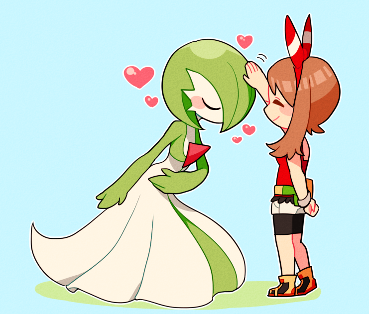 bike_shorts blue_background blush bob_cut bow bowing brown_hair closed_eyes colored_skin dress gardevoir gen_3_pokemon green_hair hair_bow headpat heart may_(pokemon) mommorua multicolored_skin nintendo pokemon pokemon_(creature) pokemon_oras red_bow red_shirt shirt simple_background smile two-tone_skin white_dress white_skin