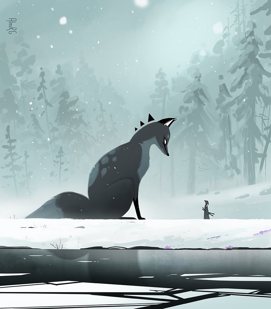 1other almirgusic animal artist_name fog forest fox from_side grey_sky landscape monochrome nature original outdoors oversized_animal samurai scenery signature sky snow snowing tree walking water wide_shot