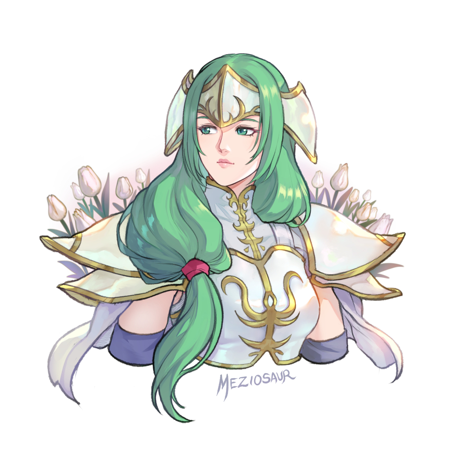 1girl armor breastplate commentary cropped_torso fire_emblem fire_emblem:_radiant_dawn flower green_eyes green_hair headgear long_hair meziosaur nintendo pauldrons pink_lips shirt shoulder_armor sigrun_(fire_emblem) simple_background solo tulip upper_body white_background white_flower white_shirt