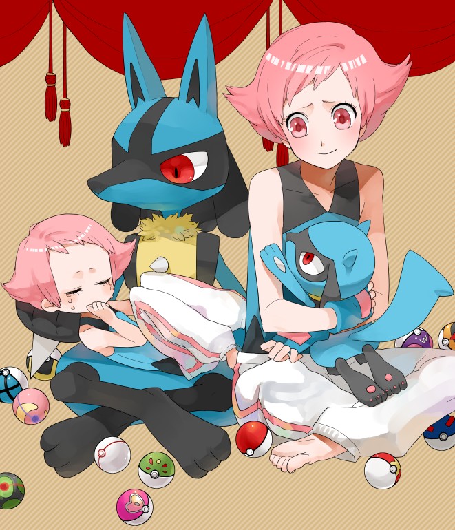 1girl bad_id bad_pixiv_id black_hair carrying carrying_person dusk_ball evolutionary_line feet fingerless_gloves friend_ball gen_4_pokemon gloves great_ball gum_(gmng) heal_ball level_ball love_ball lucario master_ball maylene_(pokemon) net_ball nintendo pink_eyes pink_hair poke_ball poke_ball_(basic) pokemon pokemon_dppt premier_ball red_eyes repeat_ball riolu sitting soles tail tears toes ultra_ball