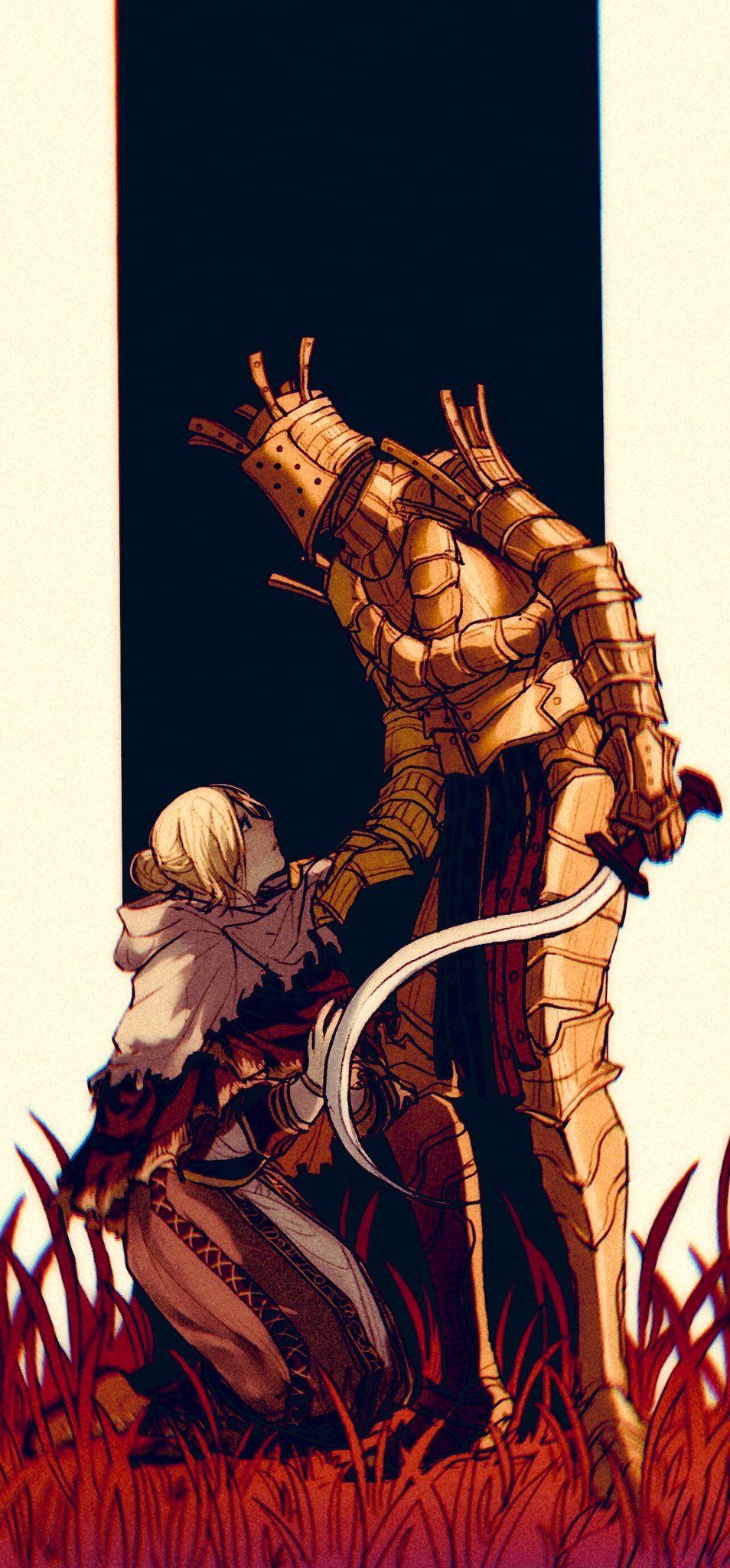 1boy 1girl anastacia_of_astora armor black_background blonde_hair border cape chinese_commentary closed_mouth commentary commentary_request dark_souls_(series) dark_souls_i dress english_commentary full_armor full_body gold_armor grass grey_border grey_cape grey_dress hair_bun highres holding holding_sword holding_weapon kneeling knight_lautrec_of_carim looking_at_another medium_hair mixed-language_commentary own_hands_together standing sword tworain_w weapon