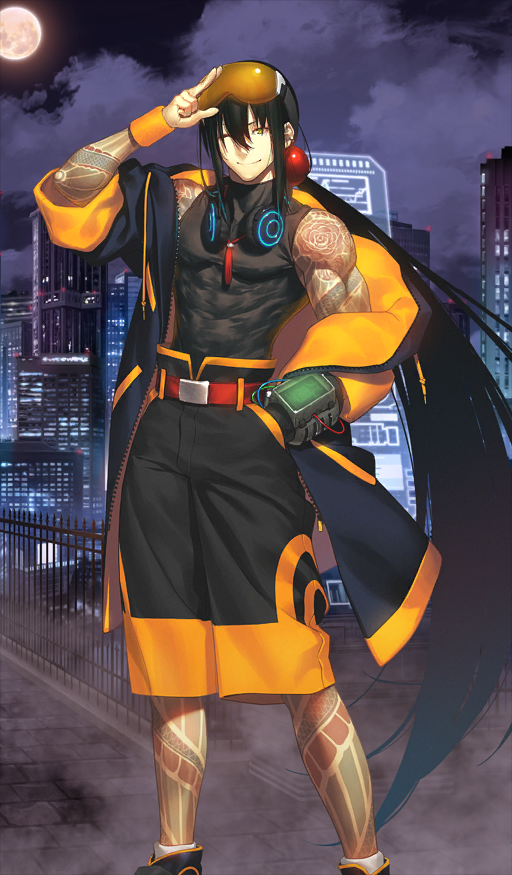 1boy ;) arm_tattoo belt belt_buckle black_coat black_shoes black_shorts black_tank_top buckle city closed_mouth cloud coat commentary_request covered_pectorals drawstring fate/grand_order fate_(series) feet_out_of_frame full_moon goggles goggles_on_head hair_between_eyes hand_in_pocket hand_on_own_hip headphones headphones_around_neck leg_tattoo legs_apart long_hair low_ponytail male_focus moon night off_shoulder official_alternate_costume official_art one_eye_closed orange_coat orange_goggles outdoors pectorals ponytail red_belt salute science_fiction shima_udon shoes shorts shoulder_tattoo sidelocks single_bare_shoulder single_off_shoulder sky sleeve_rolled_up smile socks solo standing tank_top tattoo tattoo_sleeve third-party_source toned toned_male turtleneck two-finger_salute two-sided_coat two-sided_fabric unzipped very_long_hair white_socks wrist_computer wristband yan_qing_(fate) zipper