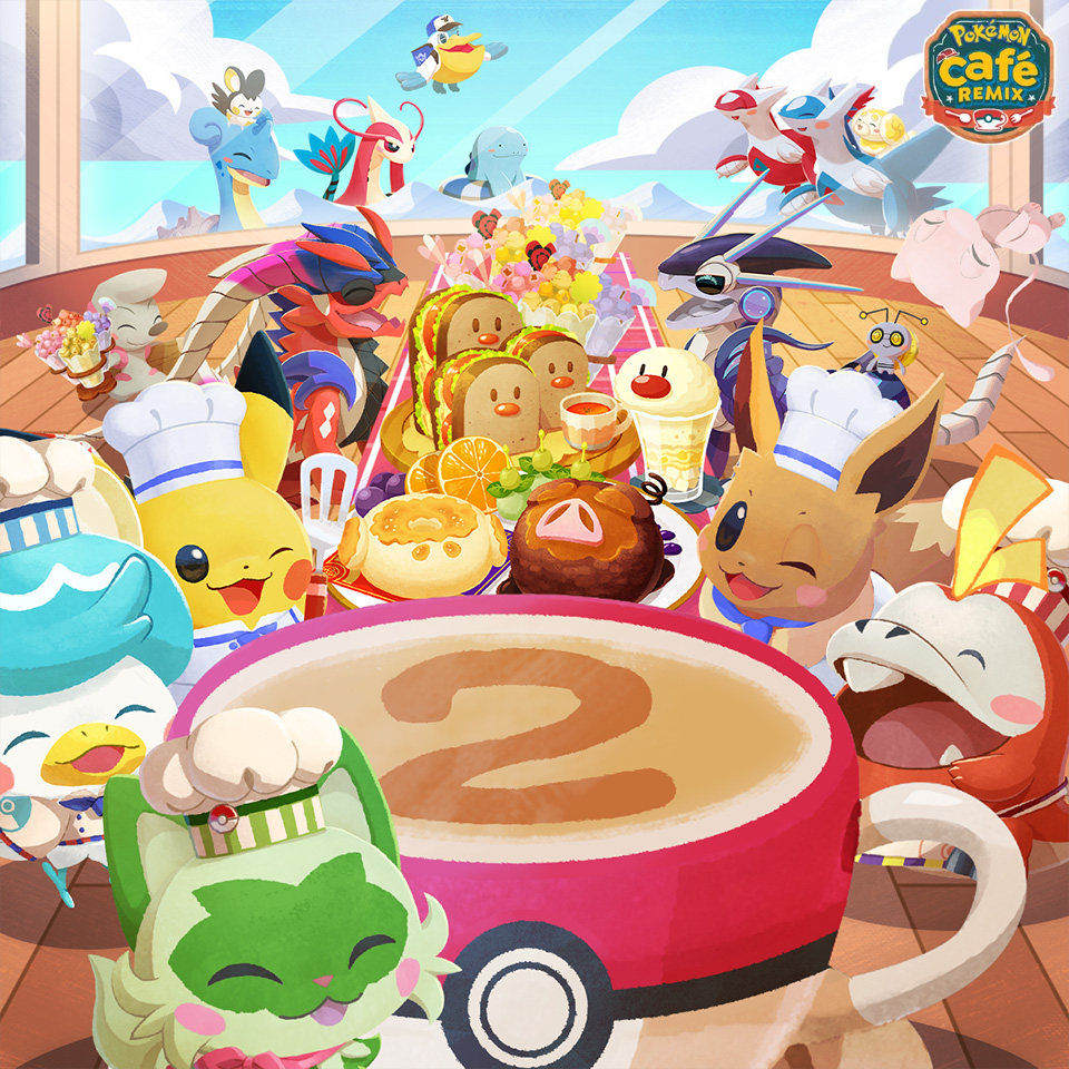 :3 artist_request blue_sky blush blush_stickers character-themed_food chef_hat closed_eyes closed_mouth clothed_pokemon cloud coffee coffee_mug cup dugtrio eevee eevee_(chef&#039;s_whites) emolga fangs fidough flying food fruit fuecoco fuecoco_(friendly_chef) gen_1_pokemon gen_3_pokemon gen_5_pokemon gimmighoul gimmighoul_(roaming) hat holding holding_spatula koraidon lapras latias latios lechonk legendary_pokemon mew_(pokemon) milotic miraidon mug mythical_pokemon nintendo no_humans non-humanoid_robot official_art one_eye_closed open_mouth orange_(fruit) orange_slice pelipper pikachu_(chef&#039;s_whites) pokemon pokemon_(creature) pokemon_cafe_remix pokemon_focus quaxly quaxly_(friendly_chef) robot robot_animal sandwich sky smile spatula sprigatito sprigatito_(friendly_chef) starter_pokemon_trio third-party_source timburr white_hat wiglett