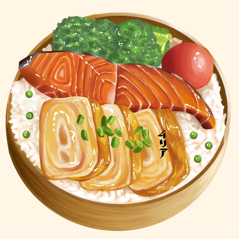 bento bowl broccoli egg_(food) food food_focus mitsuba97 no_humans omelet original peas rice simple_background still_life tamagoyaki tan_background