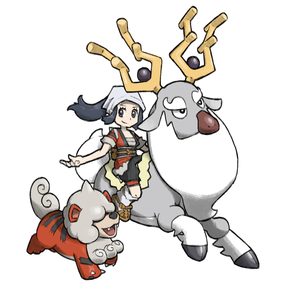 akari_(pokemon) antlers black_hair blacknirrow brown_footwear closed_mouth eyelashes fangs grey_eyes headscarf horns japanese_clothes kimono long_hair nintendo obi open_mouth pokemon pokemon_(creature) pokemon_legends:_arceus red_kimono riding riding_pokemon sash sidelocks simple_background smile socks white_background white_headscarf white_socks wyrdeer