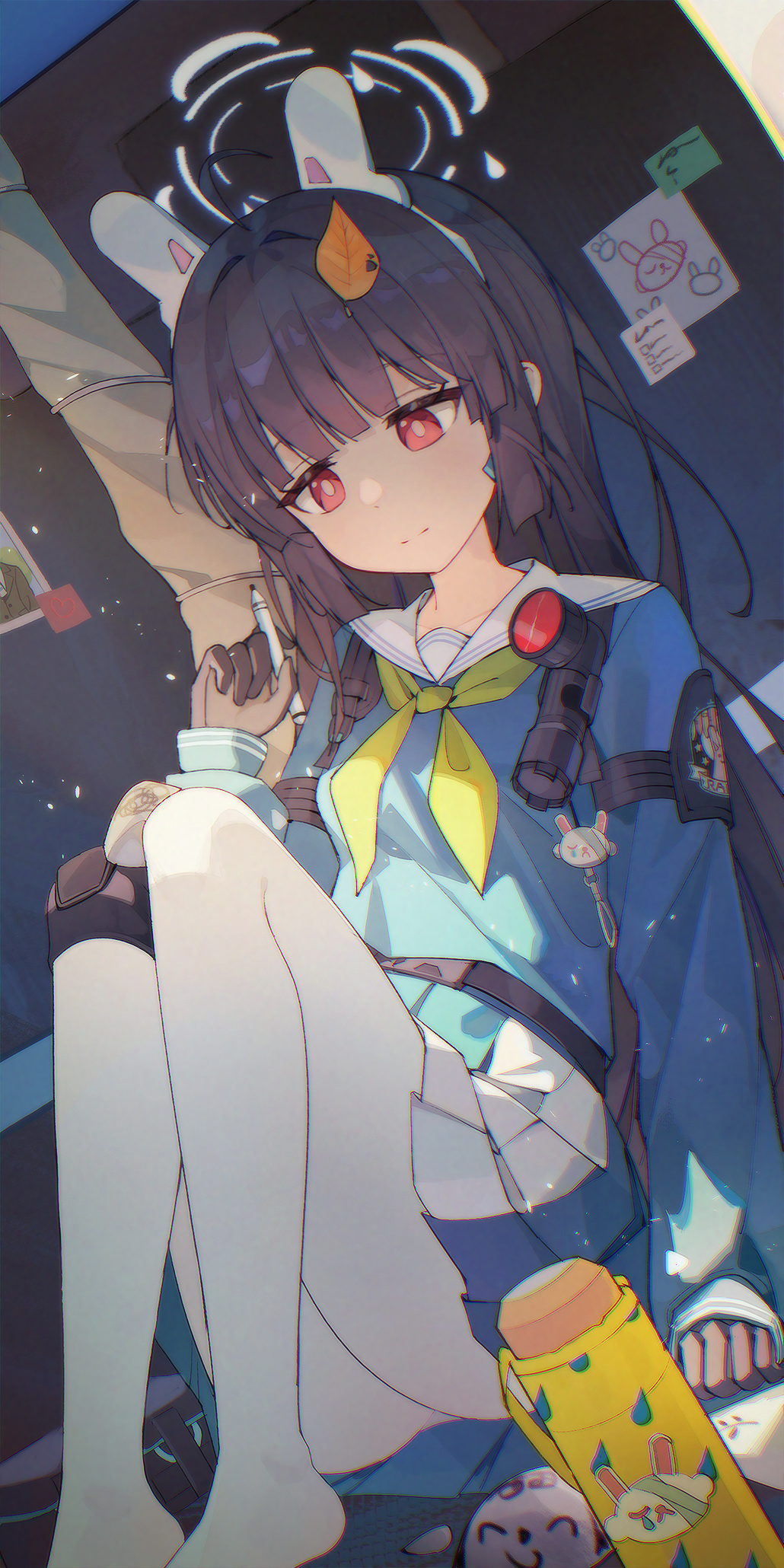 1girl animal_ear_hairband animal_ears black_gloves black_hair blue_archive blue_shirt blue_skirt blunt_bangs bottle commentary doodle_sensei_(blue_archive) fake_animal_ears gleam_lin_shi gloves green_neckerchief hairband halo hand_up highres holding holding_pen knee_pads leaf leaf_on_head light_particles long_hair long_sleeves looking_down miyu_(blue_archive) neckerchief no_shoes pantyhose pen pleated_skirt rabbit_ear_hairband rabbit_ears red_eyes school_uniform scope sensei_(blue_archive) shirt skirt solo water_bottle white_halo white_pantyhose