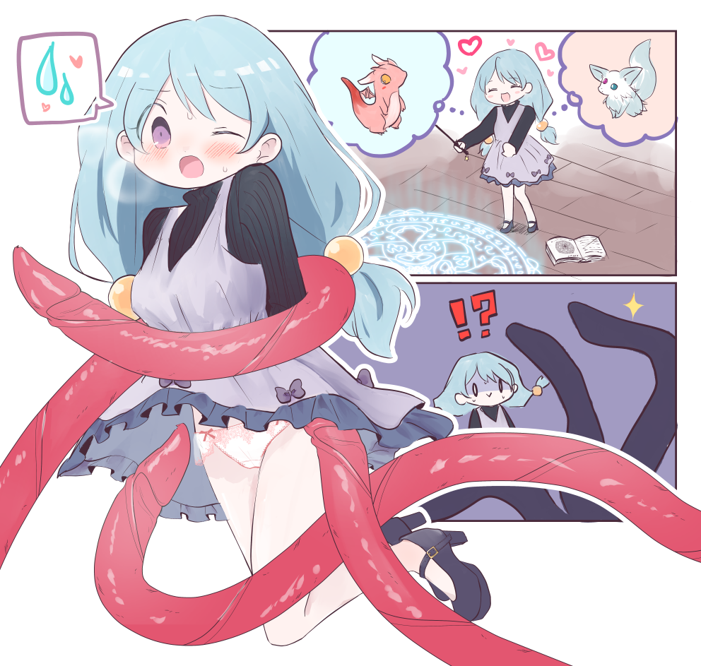 !? 0_0 1girl :&gt; :d :o ^_^ bare_legs black_shoes black_sweater blue_hair blush book bound bow breasts brick_floor closed_eyes clothes_lift commentary_request commission dragon dress dress_lift frilled_dress frills full_body grey_dress hair_ornament heart holding holding_wand long_hair long_sleeves magic_circle mary_janes medium_breasts multiple_views open_book open_mouth original panties pinafore_dress pixiv_commission purple_bow purple_eyes ribbed_sweater sarada_(meaf3748) shoes sleeveless sleeveless_dress smile solo_focus sparkle speech_bubble spoken_heart spoken_sweatdrop surprised sweat sweatdrop sweater tentacles thought_bubble turtleneck turtleneck_sweater underwear upskirt wand white_background white_panties wide-eyed