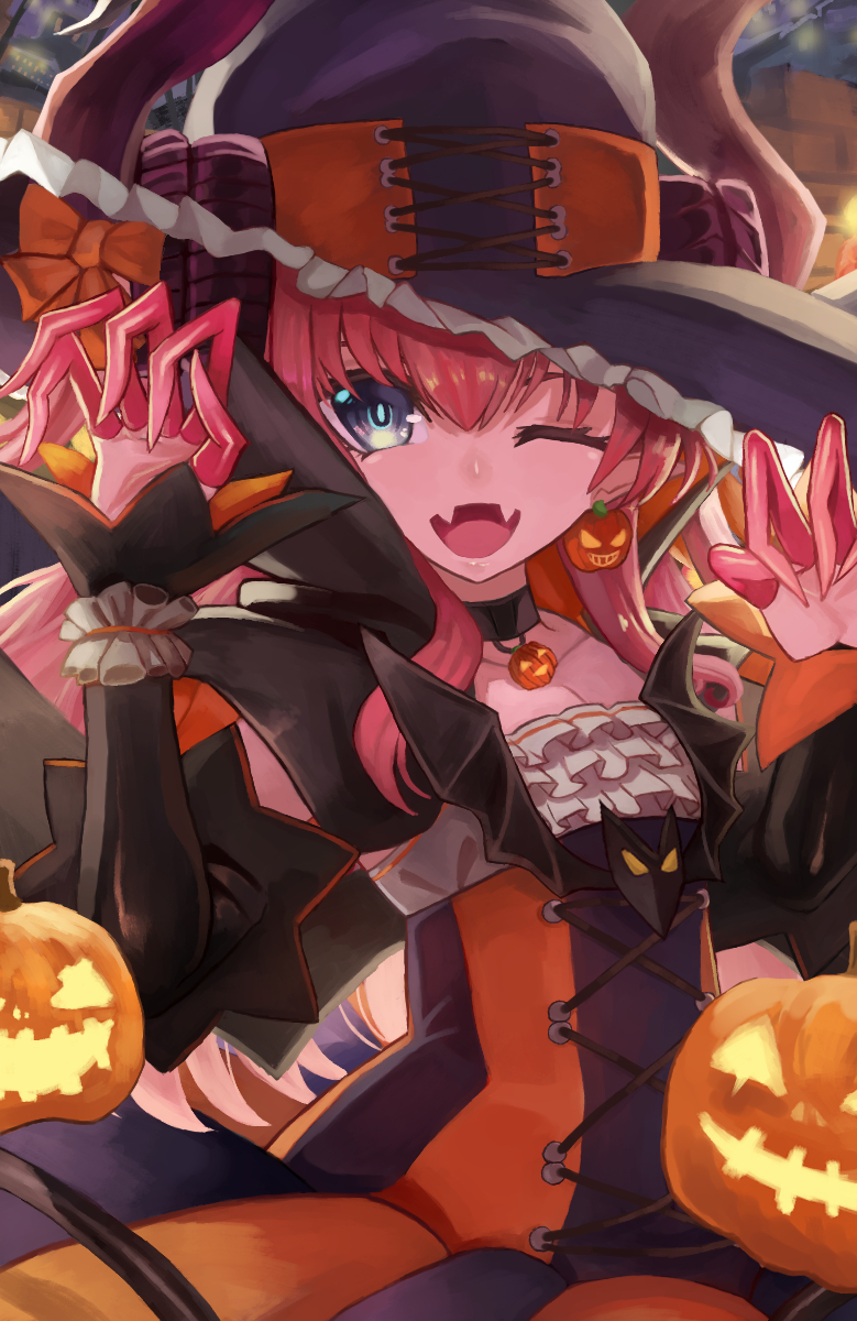 1girl asymmetrical_horns blue_eyes curled_horns dragon_girl dragon_horns dress elizabeth_bathory_(fate) elizabeth_bathory_(halloween_caster)_(fate) fate/grand_order fate_(series) flat_chest halloween halloween_costume hat highres horns jack-o&#039;-lantern long_hair m0_chi one_eye_closed pink_hair solo striped_clothes striped_dress uneven_horns upper_body vertical-striped_clothes vertical-striped_dress witch_hat