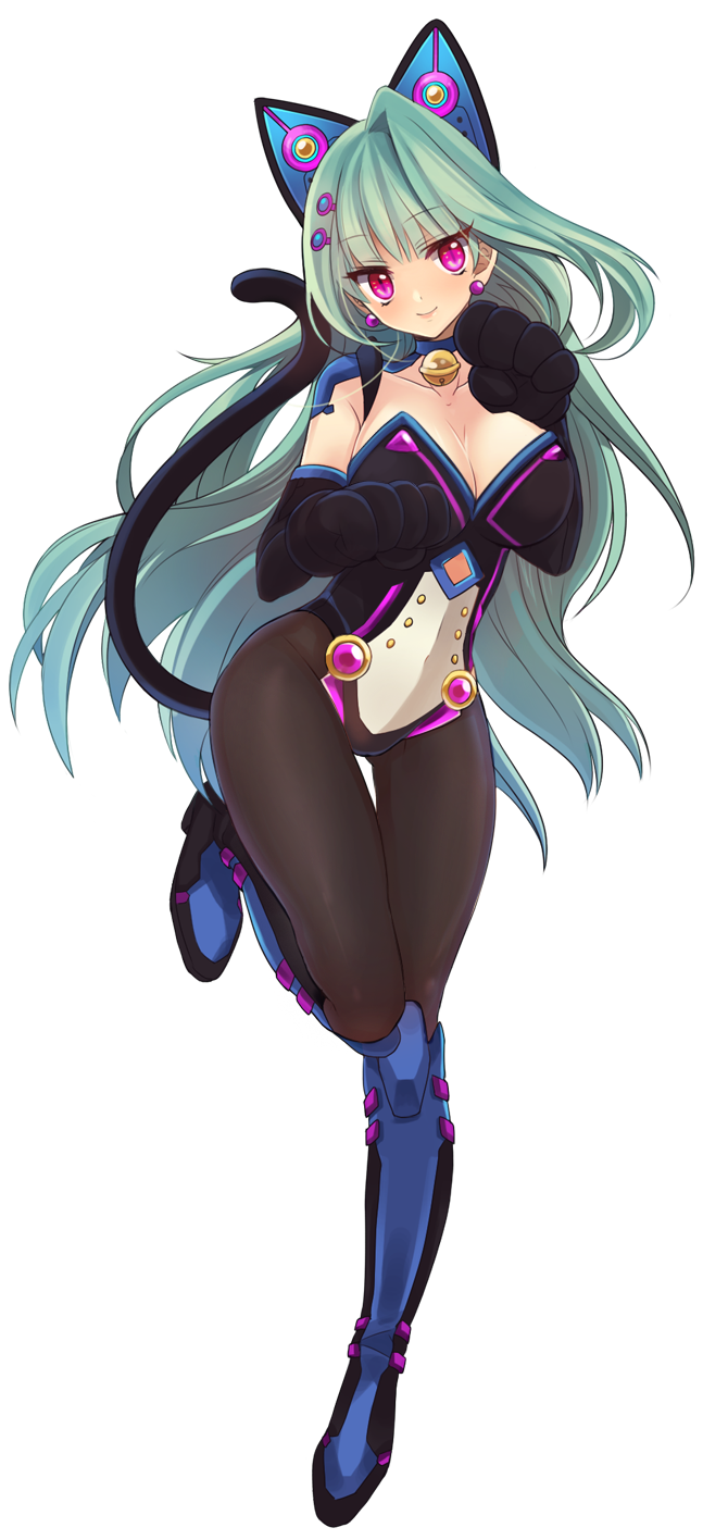 1girl animal_ear_hairband animal_ears animal_hands bell black_boots black_gloves black_leotard black_pantyhose black_sleeves black_tail blue_boots blue_eyes blue_ribbon boots breasts cassie_(master_of_eternity) cat_ear_hairband cat_ears cat_girl cat_tail cleavage closed_mouth collarbone detached_sleeves dot_nose earrings fake_animal_ears fake_tail full_body game_cg garter_straps gem gloves green_hair hair_ornament hairband hands_up head_tilt highres jewelry jingle_bell knee_boots large_breasts leotard long_hair master_of_eternity multicolored_boots neck_bell neck_ribbon non-web_source official_art pantyhose paw_gloves purple_gemstone ribbon smile solo standing standing_on_one_leg strapless strapless_leotard tachi-e tail transparent_background two-tone_boots very_long_hair