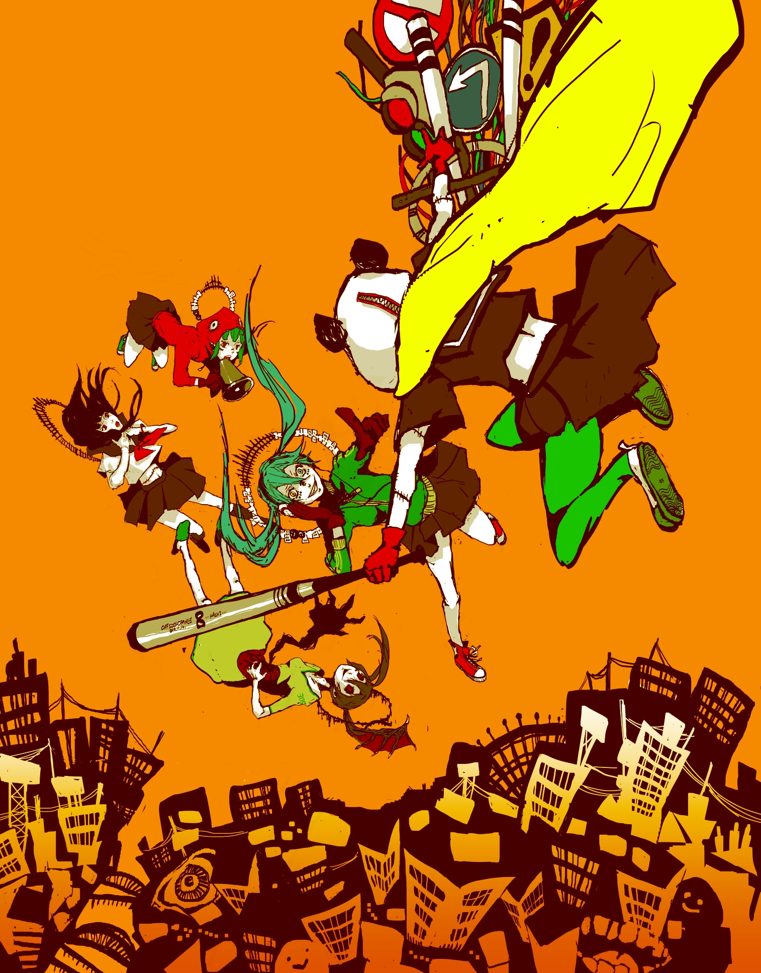 bat_(animal) gumi hatsune_miku highres hood panda panda_hero_(vocaloid) skirt tagme vocaloid