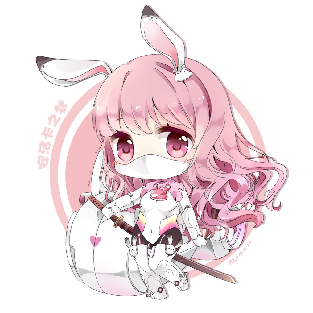1girl angelika&#039;s_dream_(miracle_nikki) animal_ears armored_boots bodysuit boots breasts capelet chibi chinese_commentary chinese_text circle commentary_request covered_mouth covered_navel eyelashes eyeshadow fake_animal_ears gloves hair_between_eyes holding holding_sword holding_weapon katana kexi_shi_ge_hentai long_hair makeup mask medium_breasts miracle_nikki mouth_mask nikki_(series) pink_capelet pink_eyes pink_eyeshadow pink_hair rabbit_brooch rabbit_ears robot science_fiction sheath sheathed signature solo sword thigh_boots tight_clothes translation_request very_long_hair wavy_hair weapon white_background white_bodysuit white_boots white_gloves white_mask