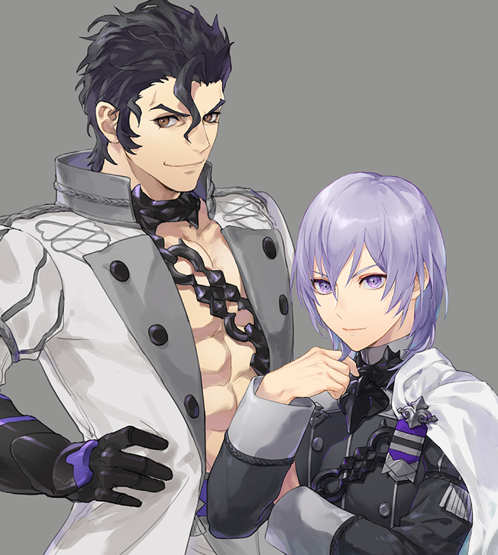 2boys abs arm_up balthus_von_albrecht bare_pectorals black_hair black_shirt brown_eyes cape chain closed_mouth coat commentary_request fire_emblem fire_emblem:_three_houses forked_eyebrows garreg_mach_monastery_uniform gloves grey_background hair_behind_ear hair_slicked_back hand_on_own_hip isa_(peien516) lapels looking_ahead looking_to_the_side male_focus multiple_boys muscular muscular_male nintendo pectorals popped_collar purple_eyes purple_hair school_uniform shirt side_cape sideburns sideways_glance simple_background single_bang sleeve_cuffs smile white_cape white_coat yuri_leclerc