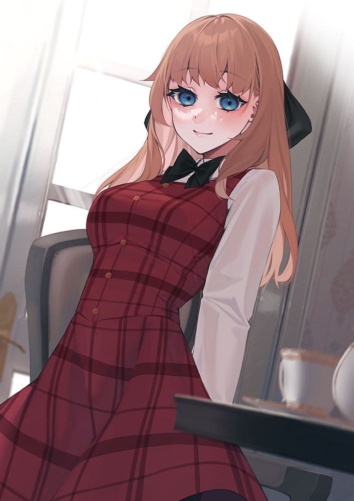 1girl black_bow black_bowtie black_ribbon blue_eyes bow bowtie breasts character_request closed_mouth commentary_request dress guest_art hair_ribbon iya_na_kao_sare_nagara_opantsu_misete_moraitai large_breasts long_hair long_sleeves looking_at_viewer orange_hair pinafore_dress plaid_clothes plaid_dress red_dress rerrere ribbon second-party_source shirt sleeveless sleeveless_dress smile solo standing table tea_set white_shirt