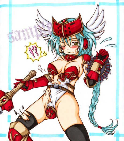 10s 1girl armor artist_request bikini_armor black_legwear blush braid breasts embarrassed female_focus green_hair helmet highleg highleg_leotard leotard long_hair mirim moaning queen&#039;s_blade queen&#039;s_blade_rebellion revealing_clothes shiny_skin solo sword thong_leotard torn_clothes weapon white_leotard wide_hips winged_helmet