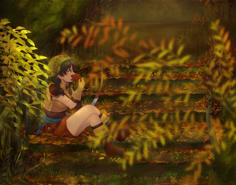 1girl autumn autumn_leaves black_hair blue_eyes blurry blurry_foreground boots bow_(weapon) brown_boots crossed_legs depth_of_field female_focus fire_emblem fire_emblem:_the_blazing_blade from_side full_body gloves green_hair holding holding_bow_(weapon) holding_leaf holding_weapon leaf lijupy looking_to_the_side nintendo outdoors profile rebecca_(fire_emblem) revision short_twintails sitting solo stairs tan_gloves twintails weapon