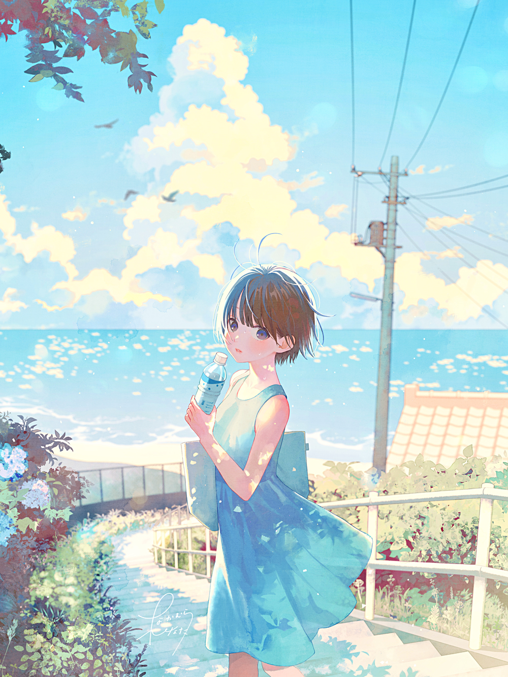1girl bag bare_arms bare_shoulders blue_dress blue_eyes blue_sky blush bottle brown_hair cloud commission cowboy_shot day dress highres holding holding_bottle horizon legs_apart looking_at_viewer medium_dress nakamura_hinata original outdoors parted_lips shore short_hair shoulder_bag signature skeb_commission sky sleeveless sleeveless_dress solo stairs standing straight_hair water water_bottle white_bag
