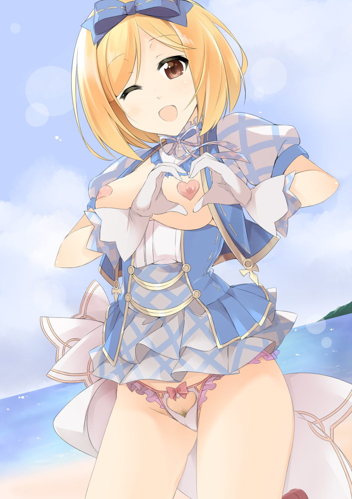 10s 1girl ;d bad_id bad_pixiv_id beach blonde_hair bow breasts breasts_out brown_eyes clothing_cutout day djeeta_(granblue_fantasy) female_focus female_pubic_hair gloves granblue_fantasy hair_bow hairband heart heart_cutout heart_hands heart_pasties kimi_to_boku_no_mirai looking_at_viewer medium_breasts one_eye_closed open_mouth panties pasties pubic_hair revealing_clothes sasakura short_hair smile solo superstar_(granblue_fantasy) thighs underwear white_gloves