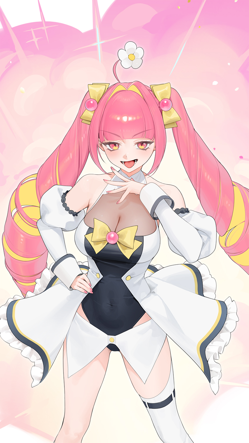 1girl :d ahoge aiobahn bare_shoulders black_leotard blonde_hair blunt_bangs bow breasts cleavage colored_inner_hair commentary_request covered_navel detached_sleeves drill_hair flower hair_bow hair_flower hair_intakes hair_ornament hand_on_own_hip hand_up highres large_breasts leotard long_hair long_sleeves looking_at_viewer multicolored_hair official_art ohisashiburi open_mouth pink_hair pink_nails second-party_source smile solo standing twin_drills twintails very_long_hair white_flower yellow_bow