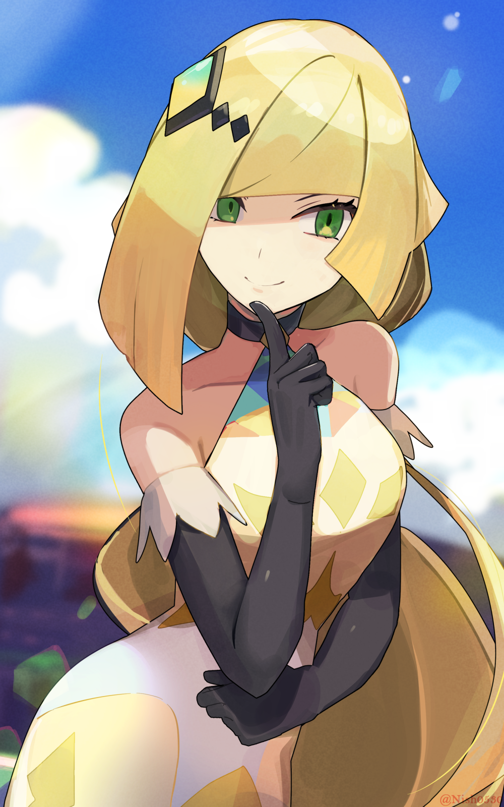 1girl bare_shoulders black_gloves blonde_hair blurry blurry_background closed_mouth creatures_(company) dress elbow_gloves finger_to_own_chin game_freak gloves green_eyes hair_ornament highres hsin index_finger_raised long_hair lusamine_(pokemon) lusamine_(sygna_suit)_(pokemon) nintendo official_alternate_costume pokemon pokemon_masters_ex smile solo very_long_hair