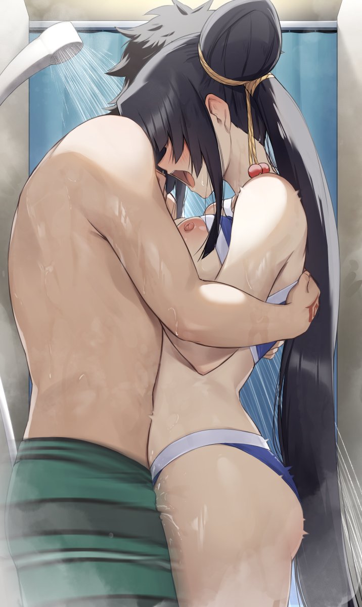 1boy 1girl bikini black_hair blue_bikini blush breasts command_spell fate/grand_order fate_(series) hetero highres hug indoors long_hair medium_breasts nipples open_mouth pinta_(ayashii_bochi) sex shower_(place) side_ponytail standing standing_missionary standing_sex swimsuit ushiwakamaru_(fate) ushiwakamaru_(swimsuit_assassin)_(fate) ushiwakamaru_(swimsuit_assassin)_(first_ascension)_(fate) very_long_hair