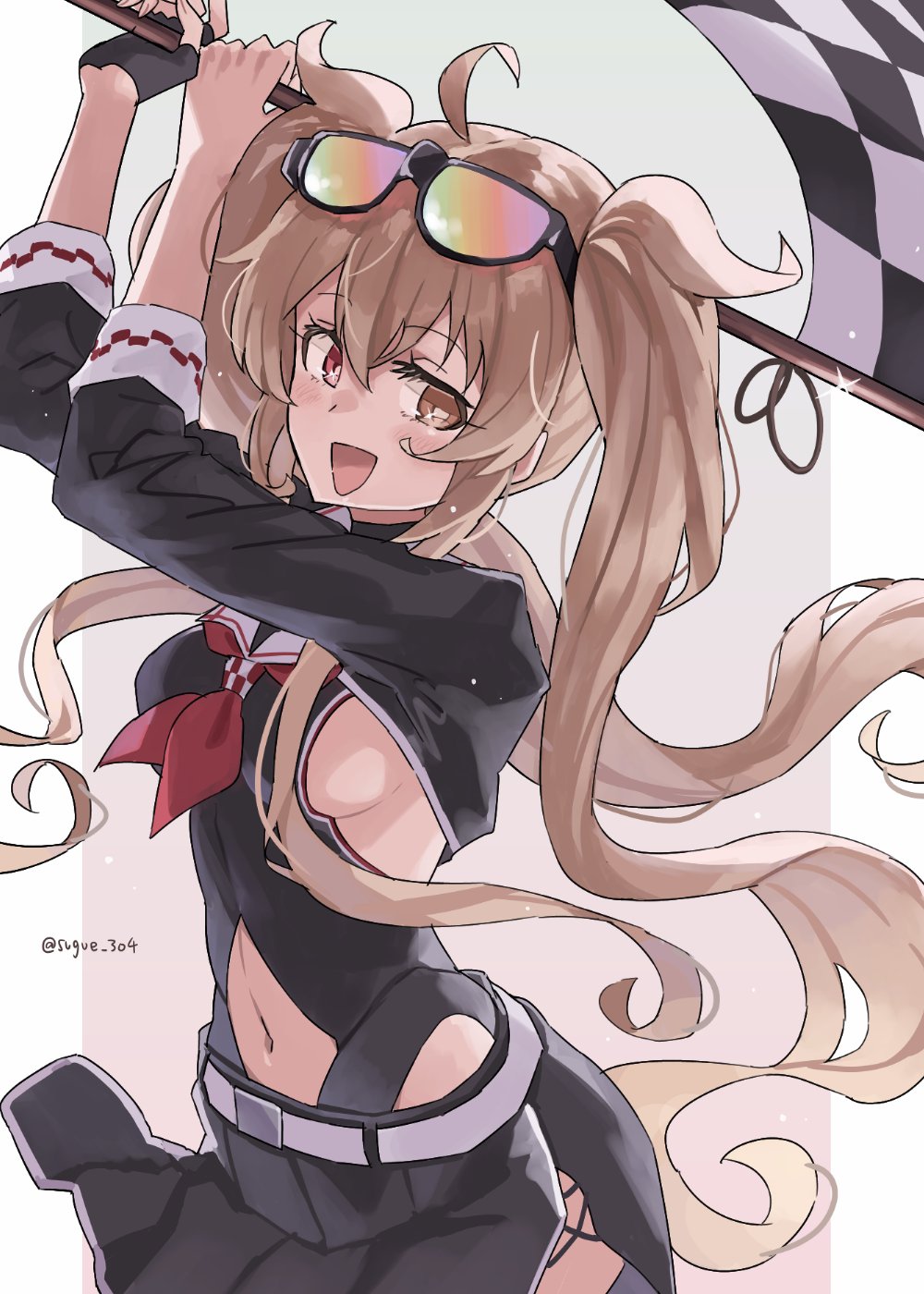 1girl black_gloves black_leotard black_skirt breasts brown_eyes brown_hair checkered_flag clothing_cutout commentary_request eyewear_on_head fingerless_gloves flag gloves highres holding holding_flag kantai_collection leotard leotard_under_clothes long_hair looking_at_viewer medium_breasts murasame_(kancolle) murasame_kai_ni_(kancolle) murasame_kai_ni_(race_queen)_(kancolle) navel navel_cutout neckerchief open_mouth race_queen red_eyes red_neckerchief sideboob sidelocks single_fingerless_glove single_glove skirt solo sugue_tettou sunglasses twintails very_long_hair